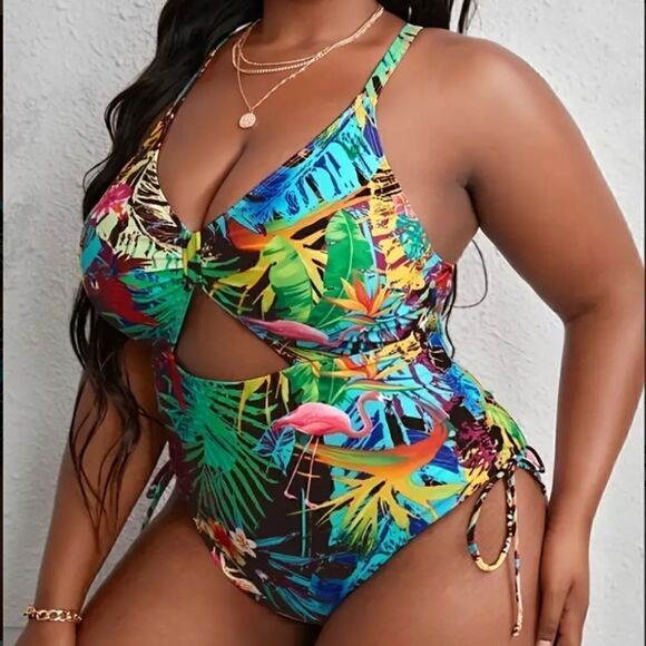 NEW! Bright and Beautiful Boho Tropical Print Cut Out Front One Piece Swim Suit - Picture 2 of 7